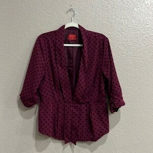 Elle Womens Purple Black Polka Dot Pleated Open Front Blazer Top Size Large